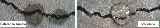 FIGURE 2 Visual observation comparing the waterproofing properties of mortar without silane (reference sample) and 5% silane.