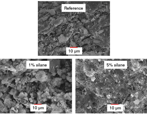 FIGURE 4 SEM images of mortar without silane (reference), and with 1 and 5% silane.