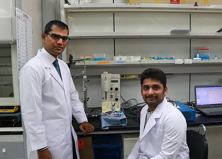 Professor Sangaraju Shanmugam, left, and Ph.D. student Arumugam Sivanantham are part of the research team studying the coating. They say more follow-up studies are needed to understand the OER mechanisms taking place. Photo courtesy of DGIST.