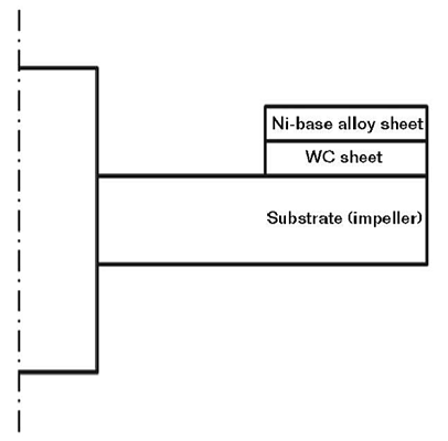 A schematic diagram representing the cross-section of a specimen with the WC sheet and the Ni-based top layer. 