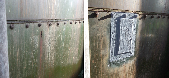 Plate bonding on a tank using an epoxy adhesive, before and after. Photo courtesy of Belzona.