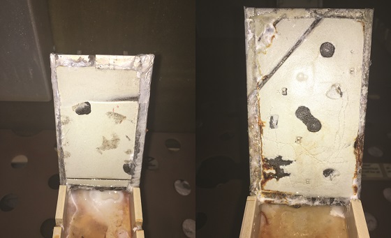 Panels with intentional damage after 1,870 h of ASTM B117 exposure. Photo courtesy of EUROCORR 2018.