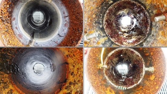 Left, the interior of the sealed pipe protected with zinc (top) and the interior of the sealed, freely corroding pipe (bottom). Right, interior of the perforated pipe protected with zinc (top), and the interior of the perforated freely corroding pipe (bottom). Photos by Monica Maher.