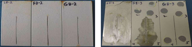 Only one coating system experienced delamination after 16 weeks of salt fog exposure (right). Panels with the same coating system did not experience delamination after eight weeks of exposure (left). Panels marked “S” were cleaned with Method 1, “F” were cleaned with Method 2, and “G” were cleaned with Method 3.