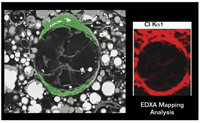 EDS results show zinc salts (stained green) around a glass sphere and the presence of chlorine atoms in the zinc salts (in red). Photos courtesy of Hempel.