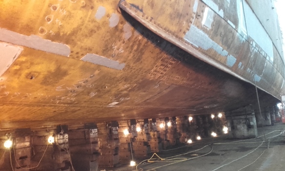 Numerous leaks and a very pitted surface were present on the HMS <i>Caroline</i> prior to its hull refurbishment project. Photo courtesy of Belzona.