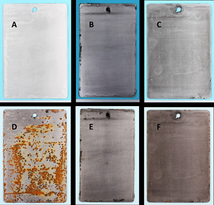 FIGURE 2: Epoxy-coated steel panels before (A, B, C) and after (D, E, F) 30 days of immersion testing in synthetic sea water: (A) 0% graphene control at 0 days; (B) 1.0% Sample Grade B at 0 days; (C) 1.0% Sample Grade A at 0 days;(D) 0% graphene control at 30 days; (E) 1.0% Sample Grade B at 30 days; and (F) 1.0% Sample Grade A at 30 days. Photos courtesy of AGM.