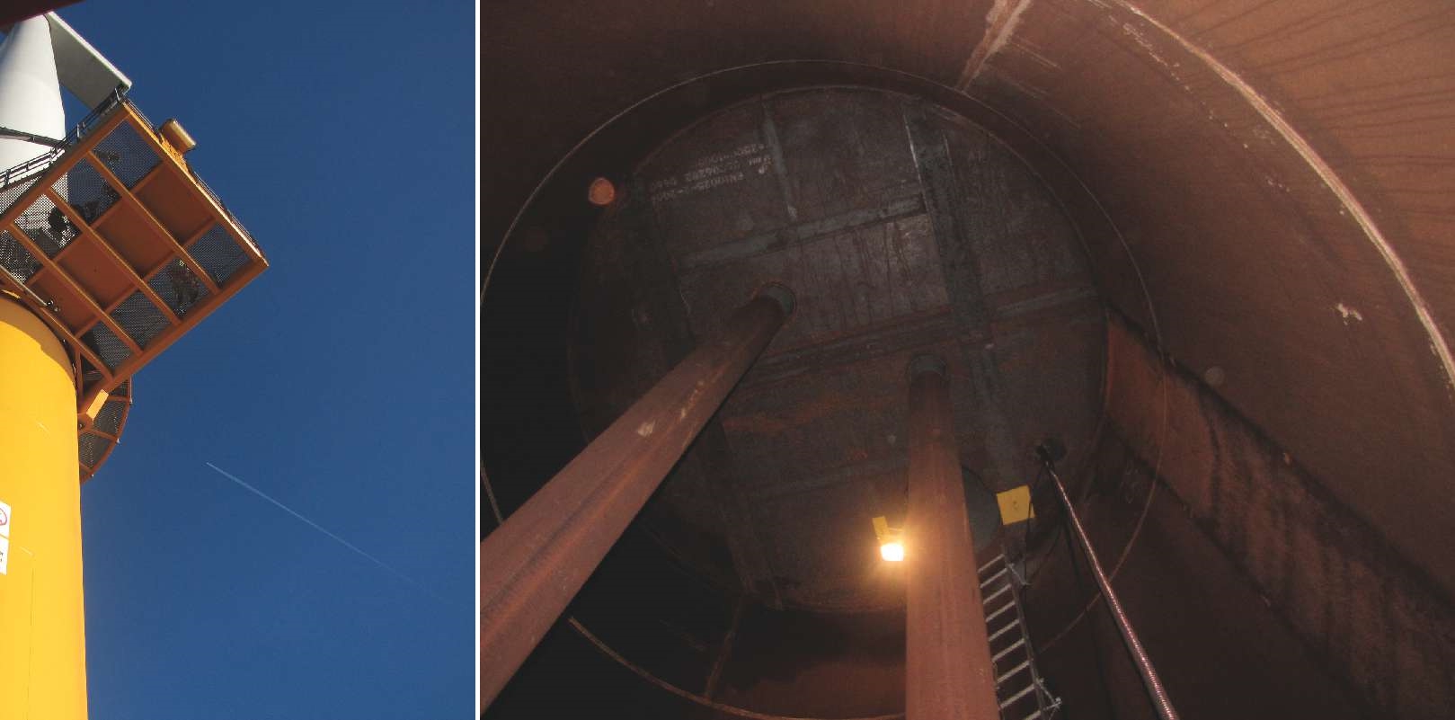 Left, the wind turbine monopile. Right, the sealed portion of the monopile below the lower platform. Photos courtesy of Alex Delwiche.