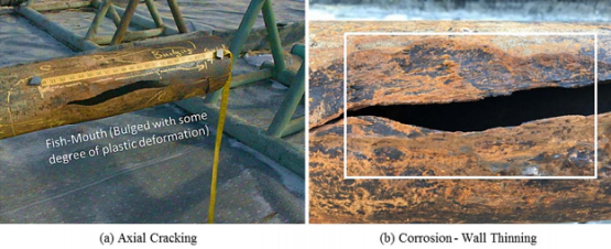 Images of the axial split. Left, a fish-mouth appearance with some degree of bulging. Right, corrosion and wall thinning associated with the failure site. Images courtesy of CPUC.