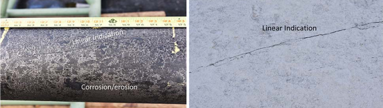 Images of Joint 19 showing an oblique crack-like feature before and after applying a white contrast paint. Images courtesy of CPUC.