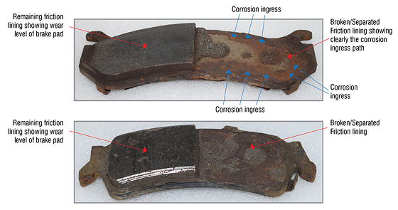 Some brake pads examined in the study showed partial or full friction material separation from the backing plate. Photo courtesy of GBSC.