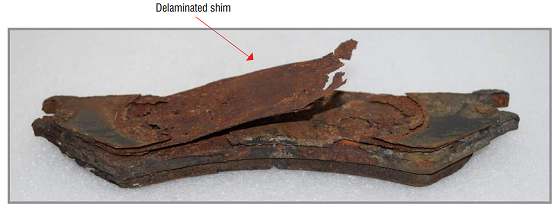 A brake pad categorized as having excessive rust. Photo courtesy of GBSC.