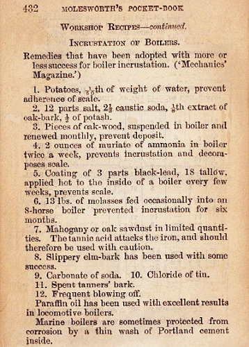 Advice for removal of boiler fouling in 1888.