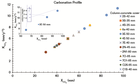 FIGURE 5 Carbonation depth analysis of the evaluated columns.