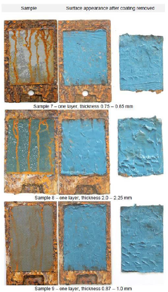 FIGURE 3 Samples after being removed from the NSS chamber (left), with adhesive carrier and outercoat removed (middle), and the corresponding adhesive carrier and outercoat (right).