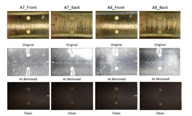 FIGURE 4  Photographs show the original samples, samples after exposure but before cleaning, and samples after cleaning.