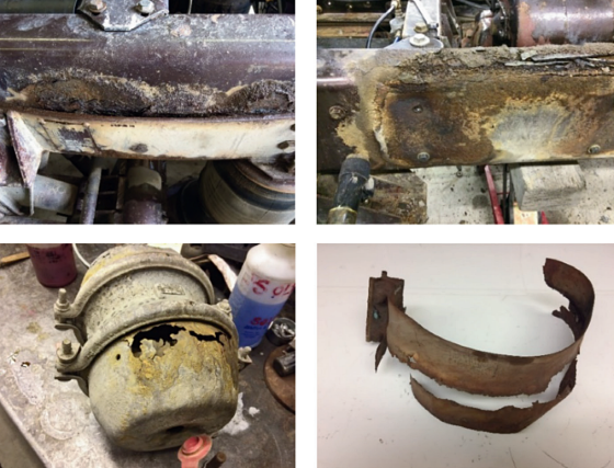 FIGURE 1 Images of deicer-related corrosion on a winter maintenance vehicle. Photos courtesy of Bill Field Trucking LLC.