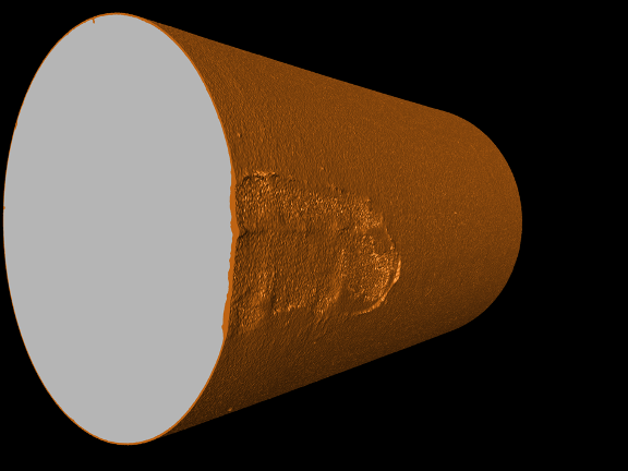 An image of a 1.5 mm-long steel cylinder by Penn State’s Center for Quantitative Imaging shows partitioning of the underlying steel material (gray) from a thin surface oxide layer (orange) that formed during the test. The section missing from the sample is a localized corrosion event (called a pit) that formed during the exposure test. Image courtesy of Derek Hall, energy engineering researcher at Penn State.