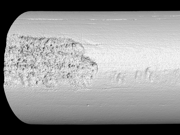 Penn State’s Center for Quantitative Imaging created an X-ray computed tomography image from a 1.5 mm-long steel cylinder after it was exposed to a high-temperature, high-pressure aqueous solution. Image courtesy of Derek Hall, energy engineering researcher at Penn State.