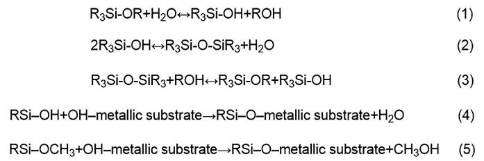 FIGURE 1 Hydrolysis and condensation reactions of silanes and substrate adapted from reference 6.