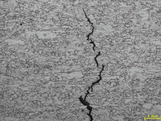 FIGURE 3 Discontinuous intergranular and some transgranular cracking ahead of the primary cracks.