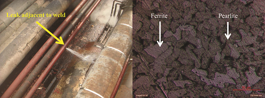 FIGURE 1 (a) Macroscopic view of fire water leak in refinery, and (b) base metal microstructure of fire service line pipe.