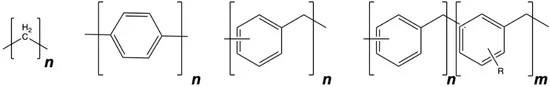 FIGURE 1 Chemical structure (from left) of polyethylene, poly(p-phenylene), poly(phenylene methylene), and poly(phenylene methylene) containing side chains (R = 4-octyloxy).