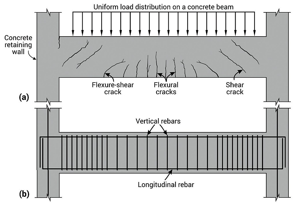 FIGURE 2 (a) Schematic showing typical cracks in a concrete beam under load. (b) Common configuration of steel rebars for reinforcing a concrete beam.