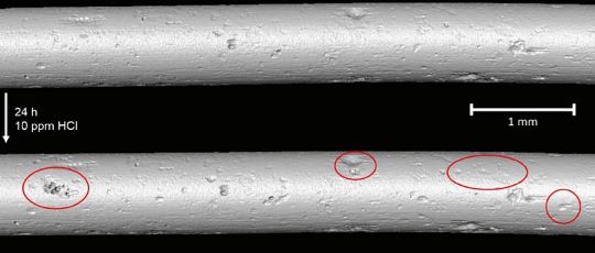 3-D images of base metal deterioration after repeat exposures to corrosive fluids. New pits from the most recent exposure are highlighted in red.