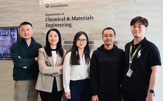 The engineering research team (from left): Hao Zhang, Jing Liu, Meifeng Li (first author on the study), Xuehai Tan, and Haofei Sun.