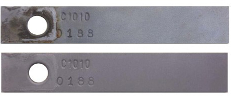 Figure 3: The top photo depicts a coupon in a non-phosphate treatment program before cleaning and the bottom photo shows the coupon  after cleaning.