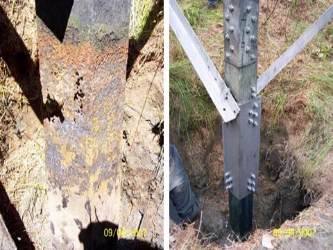 (left) The below-grade section of a lattice tower before repairs, and (right) the below-grade section of a lattice tower after repairs. Photo courtesy of Curtis Hickcox.