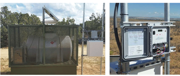 The levels of corrosion inhibitor in the holding tank on an injection skid (left) are tracked by the remote CP monitoring unit (right). Photos courtesy of Jamey Hilleary.