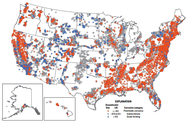FIGURE 3: Results based on the LSI are shown here for 20,962 groundwater sites in the United States. Photo courtesy of USGS.