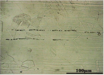 FIGURE 3: Optical microstructures near damage zones show elongated inclusions with few remaining deformation bands in the austenitic structure.