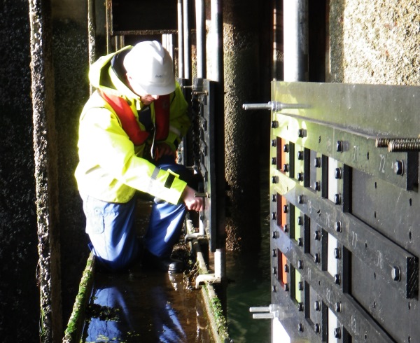 Tests are being conducted on the performance of coatings attached to panels and bolts in marine conditions at Stromness Harbour. Photo courtesy of EMEC.