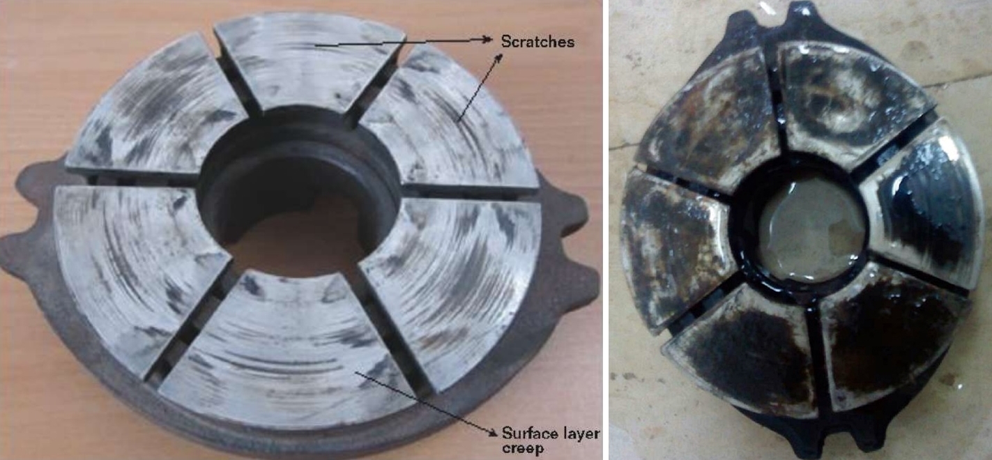 FIGURE 3 (left)  The SS pads of the thrust bearing show surface layer creep and a rough surface.  FIGURE 4 (right) After the surface of the SS segment becomes rough, carbon particles from the carbon pad fill in roughness voids and produce additional friction-related wear.