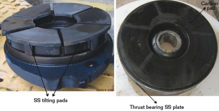 FIGURE 2  The SS pads and carbon pad used in a thrust bearing.