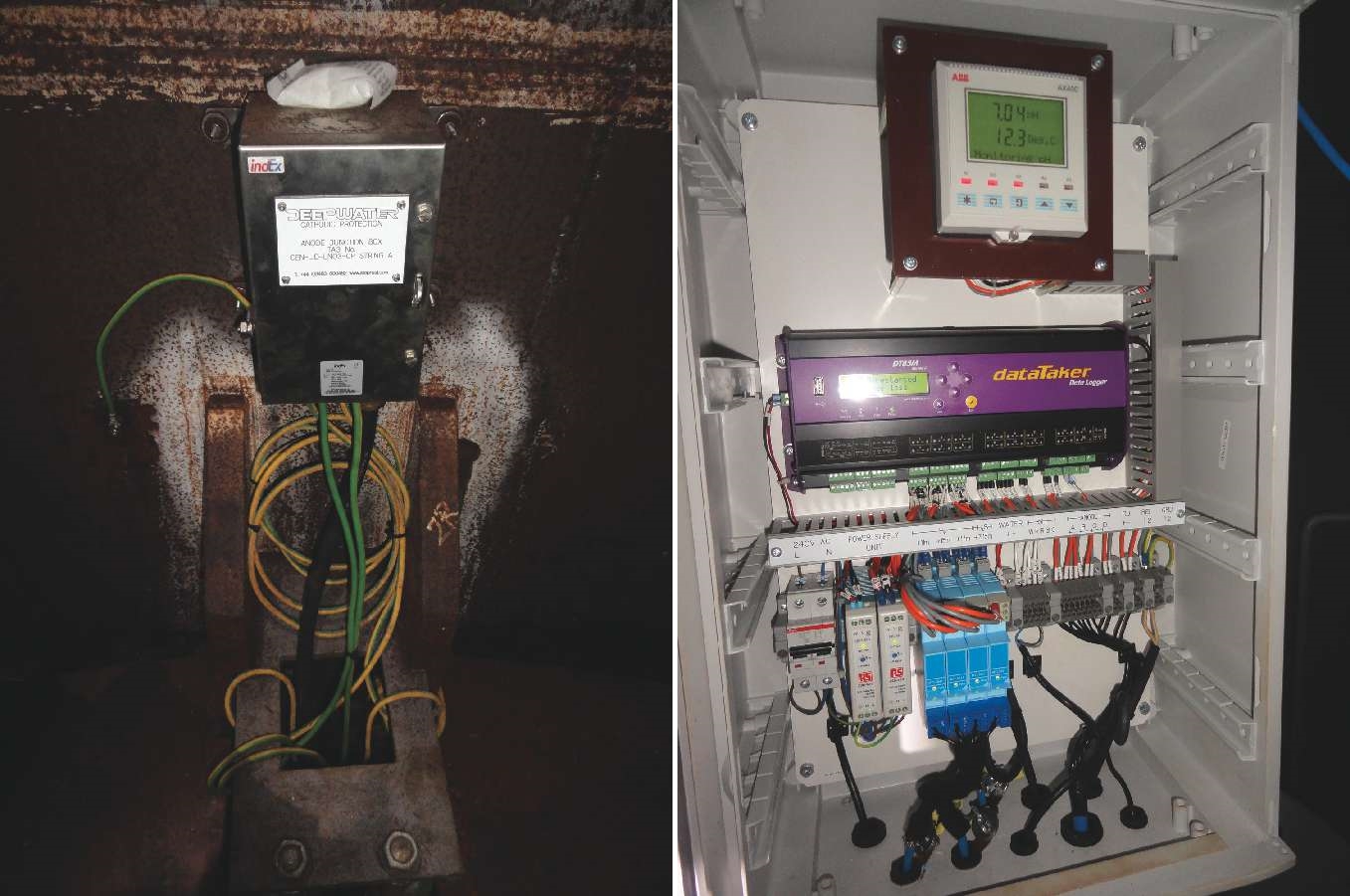 The junction box (left), installed above the lower platform, connects the anodes to the structure. Right, the monitoring system collects data from hydrogen sensors, a CD plate, pH probe, dissolved oxygen probe, and current input monitor to confirm the operation of a ventilation system. Photos courtesy of Alex Delwiche.