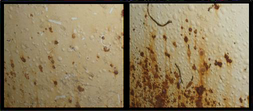 Blisters and corrosion on tank shell.  